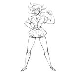  1girl breasts cleavage clenched_hand closed_mouth collared_shirt commentary danganronpa_(series) danganronpa_2:_goodbye_despair english_commentary full_body hair_between_eyes hand_on_own_hip highres large_breasts laurippo legs_apart medium_hair owari_akane shirt simple_background skirt smile solo standing white_background 