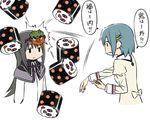  akemi_homura arms_at_sides beans black_eyes black_hair black_ribbon blazer blue_hair charlotte_(madoka_magica) expressionless food_with_face in_the_face jacket jitome long_hair long_sleeves mahou_shoujo_madoka_magica miki_sayaka motion_lines multiple_girls oda_takayuki oni_mask ribbon setsubun short_hair simple_background sleeve_cuffs throwing translated white_background 