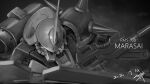  2020 beam_rifle cable character_name commentary_request dated energy_gun english_text greyscale gundam marasai mecha mecha_focus mobile_suit monochrome no_humans portrait radio_antenna realistic robot science_fiction serike_w shield shoulder_spikes solo spikes titans_(gundam) weapon zeta_gundam 
