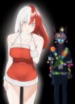  1boy 1girl bkg0303 black_hair blue_eyes boku_no_hero_academia breasts brother_and_sister burn_scar christmas_ornaments christmas_ornaments_in_hair colored_skin commentary_request dabi_(boku_no_hero_academia) dress eyes_visible_through_hair fur-trimmed_dress fur_trim fur_wrist_cuffs genderswap genderswap_(mtf) glowing glowing_eyes hand_on_own_hip heterochromia highres korean_commentary large_breasts long_hair multicolored_hair multicolored_skin purple_skin red_dress red_hair scar scar_on_face short_dress siblings spiked_hair split-color_hair todoroki_shoto two-tone_hair two-tone_skin white_hair wrist_cuffs 