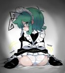  1boy alice_grimm alternate_costume antennae ass back_bow black_socks blush bow bulge closed_mouth commentary crossdressing crossdressing_(mtf) dress embarrassed enmaided frilled_dress frills from_behind genderswap genderswap_(ftm) green_eyes green_hair identical_genderswap looking_at_viewer looking_back maid maid_headdress male_focus male_maid medium_hair panties sitting socks solo touhou trap underwear white_bow white_panties wriggle_nightbug 