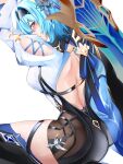  1girl ass backless_outfit black_gloves black_hairband blue_cape blue_hair boots breasts cape chest_harness clothing_cutout eula_(genshin_impact) genshin_impact gloves greatsword hair_between_eyes hairband harness high-waist_shorts highres large_breasts long_sleeves medium_hair nonkekunnnn shorts shoulder_cutout sitting solo sword thigh_boots thighs wariza weapon yellow_eyes 