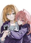  2girls absurdres ahoge arm_around_neck black_gloves blonde_hair blush bright_pupils chinese_commentary closed_mouth commentary_request dress fingerless_gloves gloves gradient_background green_eyes grin hair_intakes hair_over_eyes highres hug hug_from_side kagari_mimi kimi_ga_shinu_made_koi_wo_shitai long_hair long_sleeves looking_at_viewer medium_hair mixed-language_commentary multiple_girls pink_eyes pink_hair purple_dress sailor_collar sailor_dress smile totsuki_shiina upper_body white_background white_pupils white_sailor_collar yuko_(user_uuju2584) yuri 