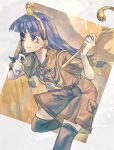  1girl belt black_thighhighs blue_eyes blue_hair blunt_bangs brown_shirt brown_shorts commentary from_side gold_scepter gold_tiara hands_up highres holding holding_scepter jikokenjiyoku_1 long_hair mark_under_both_eyes michigami_nareko parted_lips scepter shirt short_sleeves shorts smile solo thighhighs touhou 