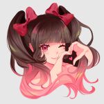  1girl absurdres artist_name blunt_bangs bow brown_hair cheek_tattoo closed_mouth commentary cropped_torso dodora_(shining_nikki) fingernails gradient_hair grey_background hair_bow happy heart heart_hands heart_tattoo highres lipstick makeup multicolored_hair nikki_(series) one_eye_closed palms pink_hair pink_lips red_bow red_eyes reean shining_nikki simple_background smile solo tattoo two-tone_hair untranslatable_commentary watermark 
