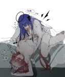  2girls animal_ears areola_slip arknights bird_ears bird_girl blue_eyes bottomless breasts camisole commentary_request demon_girl demon_horns detached_wings fiammetta_(arknights) futa_with_female futanari grabbing_another's_breast groping guided_breast_grab guiding_hand halo heart heavy_breathing highres horns large_breasts long_hair lying medium_breasts medium_hair missionary mostima_(arknights) multiple_girls navel nipples on_back one_eye_closed open_mouth see-through_blanket sex shenhai_shenye shirt simple_background sweat torso_grab under_covers white_background white_camisole white_shirt wings 
