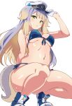  1girl absurdres animal_ears arm_behind_back bare_shoulders bikini blonde_hair blue_bikini breasts colored_inner_hair commentary_request dog_ears dog_girl dog_tail front-tie_bikini_top front-tie_top gloves green_eyes grey_hair grey_tail hair_flaps hand_on_headwear hat highres irodori_drawpic long_hair looking_at_viewer medium_breasts multicolored_hair navel nijisanji parted_lips police_hat shioriha_ruri shoes side-tie_bikini_bottom sidelocks simple_background solo squatting stomach string_bikini swimsuit tail triangle_bikini_top underboob virtual_youtuber white_background white_gloves 