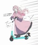  1girl absurdres call_of_cthulhu capelet closed_eyes commentary_request floating_hair flower full_body hair_intakes high_heels highres japanese_clothes kimono long_hair looking_ahead motion_lines motor_vehicle motorized_kick_scooter obi obijime on_scooter open_mouth pink_hair pink_kimono purple_kimono red_capelet sabakan0123 sash scooter shiki_okuri smile solo sound_effects speed_lines standing white_background 