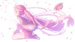 1girl black_hat blush bow bowtie cherry_hair_ornament closed_eyes commentary double-parted_bangs falling_petals food-themed_hair_ornament full_body hair_between_eyes hair_ornament hat hatsune_miku long_hair long_sleeves looking_at_viewer open_mouth petals pink_hair pink_shoes pink_skirt pink_socks pleated_skirt sakura_miku sakura_miku_(rella) shirt shoes simple_background sitting skirt smile socks solo twintails unworn_headwear very_long_hair vocaloid white_background white_bow white_bowtie white_shirt wind yomomo14 