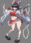  1girl absurdres ascot black_hair bow breasts brown_eyes clothes_lift commentary cookie_(touhou) crop_top cropped_shirt detached_sleeves frilled_bow frilled_hair_tubes frilled_skirt frills full_body gohei grey_background hair_bow hair_tubes hakurei_reimu highres holding holding_gohei looking_at_viewer mary_janes medium_hair midriff miniskirt navel nontraditional_miko panties panty_peek red_bow red_shirt red_skirt ribbon-trimmed_sleeves ribbon_trim sananana_(cookie) sarashi shirt shoes sidelocks simple_background skirt skirt_lift sleeveless sleeveless_shirt socks solo touhou underwear veerecursion white_panties white_socks wide_sleeves yellow_ascot 