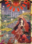  2girls black_hair bone collarbone commentary hood hoodie japanese_clothes kimono long_hair mallrn multiple_girls ooe_(game) red_eyes red_hoodie red_kimono red_sash sash skeleton skull swept_bangs very_long_hair 