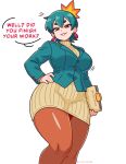  1girl absurdres alexndraws artist_name breasts cindy_quill_(zimmly) commentary dialogue dress earrings english_commentary feet_out_of_frame folder from_below green_hair green_jacket hand_on_own_hip head_tilt highres holding holding_folder jacket jewelry looking_at_viewer looking_down mature_female office_lady orange_pantyhose original pantyhose parted_lips red_eyes short_hair smile solo suit_jacket sweater sweater_dress thick_thighs thighs twitter_username white_background wide_hips 