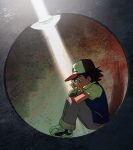  1boy aihara-rina ash_ketchum baseball_cap black_hair blue_jacket blue_pants chinese_commentary closed_mouth commentary_request denim fingerless_gloves from_side full_body gloves green_gloves hat highres holding holding_trophy jacket jeans knees_up male_focus pants poke_ball pokemon pokemon_(anime) pokemon_(classic_anime) profile red_hat shoes short_hair short_sleeves sitting sneakers solo trophy white_sleeves 