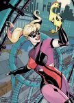  1girl alternate_costume artist_collaboration batman_(series) black_gloves black_mask blonde_hair breasts commentary crop_top dc_comics derivative_work domino_mask english_commentary eye_mask fingerless_gloves full_moon gloves harley_quinn highres holding mask moon night outdoors pantyhose pink_pantyhose pink_shirt rachel_dodson roller_coaster rubber_chicken shirt short_twintails signature small_breasts terry_dodson twintails 