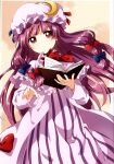 1girl abstract_background absurdres blue_bow book border bow capelet closed_mouth crescent crescent_hat_ornament dress frilled_capelet frilled_hat frills hair_bow hat hat_ornament hat_ribbon highres holding holding_book long_hair long_sleeves looking_at_viewer mob_cap namori neck_ribbon open_hand outside_border patchouli_knowledge pink_capelet pink_dress pink_hat pink_robe purple_eyes purple_hair reading red_bow red_ribbon ribbon robe scan sidelocks solo striped_clothes striped_dress third-party_source touhou vertical-striped_clothes vertical-striped_dress white_border yellow_background 