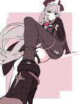  1girl absurdres asymmetrical_bodysuit black_horns blue_eyes breasts closed_mouth commentary_request eldreda_sunbringer english_commentary expressionless feet foot_focus foreshortening grey_hair hair_between_eyes heterochromia highres horns large_breasts long_hair looking_at_viewer mashaer mixed-language_commentary multiple_girls single_leg_bodysuit sitting solo yellow_eyes zenless_zone_zero 