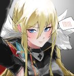  1girl absurdres arm_up azur_lane bismarck_(azur_lane) bismarck_zwei_(azur_lane) black_cape blonde_hair blue_eyes blush breasts cape collared_cape commentary_request ear_blush fur-trimmed_cape fur_trim furrowed_brow gradient_background hair_between_eyes highres kabedon kabedon_on_viewer long_hair long_sidelocks looking_at_viewer looking_to_the_side military_uniform neck_blush nocturnal_melonpan outstretched_arm pov red_cape sidelocks simple_background speech_bubble spoken_blush striped_blush two-tone_cape 