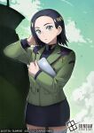  1girl black_hair black_shirt black_skirt blue_eyes commentary_request comoli_harcourt company_name copyright_logo copyright_name copyright_notice cowboy_shot gundam gundam_card_game gundam_gquuuuuux hand_in_own_hair holding holding_tablet_pc ishibashi_yosuke logo looking_at_viewer military_rank_insignia military_uniform mole mole_under_eye multicolored_eyes official_art open_mouth science_fiction shirt short_hair skirt solo tablet_pc yellow_eyes zeon 
