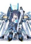  1girl aris_(armed)_(blue_archive) aris_(blue_archive) armored_boots bare_shoulders black_hair black_thighhighs blue_archive blue_boots blue_gloves blue_hair blue_halo blue_skirt blush boots closed_mouth comiket_108 commentary_request elbow_gloves gloves gun hair_between_eyes halo highres holding holding_gun holding_weapon kneeling leotard long_hair looking_at_viewer mecha multicolored_boots multicolored_gloves official_alternate_costume official_alternate_hairstyle rifle robot sarasadou_dan showgirl_skirt skirt smile solo thighhighs twintails two-tone_boots very_long_hair weapon white_boots white_leotard 