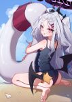  1girl ahoge ass bare_legs bare_shoulders barefoot beach black_halo blue_archive blue_one-piece_swimsuit breasts clenched_teeth commentary demon_horns feet hair_ornament hairclip halo highres hina_(blue_archive) hina_(swimsuit)_(blue_archive) holding horns innertube kim_aeeu long_hair looking_at_viewer low_wings multiple_horns official_alternate_costume old_school_swimsuit one-piece_swimsuit parted_bangs purple_eyes purple_wings sand school_swimsuit seashell shell small_breasts solo starfish string_around_neck swim_ring swimsuit teeth v-shaped_eyebrows whistle whistle_around_neck white_hair wings 