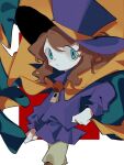  1girl :| a_hat_in_time blue_eyes boots brown_boots brown_hair brown_pants cape child clenched_hands closed_mouth commentary english_commentary feet_out_of_frame hat hat_kid hat_ribbon jacket long_hair long_sleeves looking_to_the_side nasubeen pants ponytail purple_hat purple_jacket ribbon sidelocks solo top_hat white_background yellow_cape yellow_ribbon zipper_pull_tab 