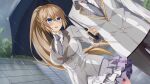  1boy 1girl black_pants blonde_hair blue_eyes breasts buttons dutch_angle e_school_life frilled_skirt frills game_asset grey_jacket grey_necktie hair_ornament hand_grab holding holding_umbrella jacket jinnai_rikako lapels long_sleeves looking_at_another miniskirt multicolored_jacket necktie non-web_source official_art outdoors pants plaid_clothes ponytail rain rinks road school_uniform side-by-side skirt sleeve_cuffs standing street tree turning_head two-tone_jacket umbrella white_jacket 