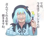  1boy beret black_hat bow collared_shirt colored_tips commentary_request contrast_collar cosplay cropped_torso crossdressing facial_hair glasses hair_bow hat heterochromia highres holding holding_paintbrush jacket jacket_partially_removed jogasaki_noah jogasaki_noah_(cosplay) long_hair looking_at_viewer mahou_shoujo_no_majo_saiban male_focus multi-tied_hair multicolored_eyes multicolored_hair mustache neck_ribbon negimasandayo off_shoulder open_mouth paintbrush polka_dot polka_dot_bow real_life red_eyes ribbon shirt smile solo streaked_hair teeth translation_request upper_body upper_teeth_only white_background white_hair white_shirt yellow_eyes 