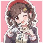  1girl beret blush brown_eyes brown_hair collared_shirt commentary_request four-finger_heart_hands gloves hair_ornament hat heart heart_hair_ornament heart_hands idolmaster idolmaster_shiny_colors open_mouth pink_background pippo_(pippo314) red_hat shirt single_glove smile solo sonoda_chiyoko twintails white_gloves 