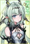  1girl absurdres anger_vein arknights arknights:_endfield bare_shoulders black_horns black_sleeves blue_eyes blush cleavage_cutout closed_mouth clothing_cutout commentary detached_sleeves elevation_contour_lines english_commentary green_hair hair_intakes highres horns long_hair looking_at_viewer making-of_available nose_blush nutsumi47 pointy_ears pout procreate_(medium) si_(arknights) solo upper_body yellow_horns 