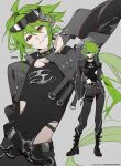  1boy absurdres aespa ahoge aotu_world belt black_belt black_boots black_choker black_jacket black_nails black_pants black_shirt boots cathon613 chain character_name chinese_commentary choker clothing_cutout collar commentary_request cowboy_shot eyewear_on_head green_hair grey_background hair_between_eyes halo hand_on_own_neck hand_up highres hip_vent jacket k-pop leather leather_jacket long_hair long_sleeves looking_at_viewer male_focus open_mouth pants red_shirt shirt simple_background smile spiked_collar spikes sunglasses teeth whiplash_(aespa) xander_(aotu_world) 