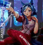  1girl admire_groove_(umamusume) animal_ears blue_hair blush bottle breasts collarbone commentary_request ear_covers funaya_sakichi gym_shirt hairband highres horse_ears horse_girl horse_tail jacket medium_breasts mole mole_under_mouth multicolored_hair open_mouth outdoors pants partially_unzipped purple_eyes red_jacket red_pants red_track_suit shirt short_hair_with_long_locks sitting sitting_on_stairs stairs streaked_hair sweat tail tracen_training_uniform track_jacket track_pants track_suit umamusume water_bottle wet wet_clothes white_hair white_shirt white_streaks 