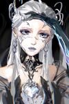  1girl bare_shoulders black_background black_collar black_dress black_gloves chinese_commentary circlet collar colored_eyelashes commentary_request detached_collar dress earrings expressionless eyeshadow forehead gloves grey_eyes grey_sleeves guide_of_no_return_(infinity_nikki) hand_on_own_head high_collar highres infinity_nikki jewelry lipstick lishao_lishao long_hair long_sidelocks looking_at_viewer makeup mascara nikki_(series) nostrils off-shoulder_dress off_shoulder painterly parted_lips purple_eyeshadow purple_lips see-through_clothes see-through_sleeves sidelocks simple_background solo straight_hair upper_body white_hair 