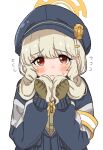  1girl aoba_(blue_archive) armband blonde_hair blue_archive blue_hat blush bow bowtie brown_gloves brown_shirt closed_mouth commentary fluffy_hair flying_sweatdrops frown gloves hair_ornament hairclip halo hands_up hat highres holding_own_hair jacket long_hair long_sleeves looking_at_viewer loveitrabbit623 low_twintails newsboy_cap orange_armband orange_halo partially_unzipped peaked_cap red_eyes shirt simple_background solo sweatdrop twintails upper_body white_background yellow_armband yellow_bow yellow_bowtie yellow_halo 