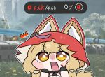  1girl animal_ear_fluff animal_ears arknights arknights:_endfield beleullin black_gloves blonde_hair chibi chibi_only commentary_request fang gameplay_mechanics gloves highres hood korean_commentary nervous_sweating open_mouth rossi_(arknights) skin_fang sweat tail wolf_ears wolf_girl wolf_tail yellow_eyes 