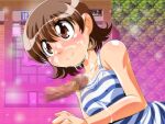  1boy 1girl azukino_anko_(manjuverunu) blush blush_stickers breasts brown_eyes brown_hair camisole censored closed_mouth collarbone covered_nipples cum cum_on_body facial game_asset game_screenshot_background gradient_background looking_up manjuverunu_no_sen_otome mosaic_censoring non-web_source official_art penis screenshot_background self-datamine siubomanjyu small_breasts smile striped_camisole upper_body variant_set visual_novel_cg 