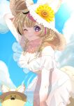  1girl absurdres animal_ear_fluff animal_ears arm_behind_head arm_up armpits bikini blonde_hair blue_sky blush braid breasts bright_background cleavage cloud collar commentary cowboy_shot creature ears_through_headwear flower fox_ears fox_girl fox_tail frilled_bikini frills from_below from_side hat hat_flower highres hololive hot kai_otk large_breasts leaning_forward looking_at_viewer multicolored_hair omaru_polka one_eye_closed pink_lips purple_eyes sky star-shaped_pupils star_(symbol) streaked_hair summer sun_hat sunlight swimsuit symbol-shaped_pupils tail twin_braids virtual_youtuber white_bikini zain_(omaru_polka) 