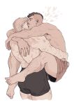  2boys absurdres bara black_male_underwear blonde_hair brown_hair brown_shorts call_of_duty call_of_duty:_modern_warfare_2 carrying carrying_person chest_hair closed_eyes commentary english_commentary eyebrow_cut facial_hair ghost_(modern_warfare_2) heart heladodavellana highres kiss leg_hair male_focus male_underwear mohawk multiple_boys multiple_scars muscular muscular_male mustache mustache_stubble nipples pectorals profile scar scar_on_arm scar_on_leg scars_all_over short_hair shorts simple_background soap_(modern_warfare_2) sparse_chest_hair sparse_leg_hair sparse_stubble stubble thick_arm_hair topless_male underwear very_short_hair white_background yaoi 