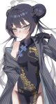  1girl absurdres black_dress black_gloves black_hair black_shirt blue_archive breasts butterfly_hair_ornament china_dress chinese_clothes chinese_commentary chiyo_kami closed_mouth commentary_request cowboy_shot double_bun dress gloves grey_eyes grey_halo hair_bun hair_ornament halo highres kisaki_(blue_archive) long_hair long_shirt looking_at_viewer shirt side_slit simple_background single_off_shoulder solo standing straight-on striped_clothes striped_shirt twintails white_background 
