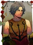  1boy armor artist_name black_gloves black_hair cahara_(fear_&amp;_hunger) closed_mouth deluzzie fear_&amp;_hunger_(series) fear_&amp;_hunger_1 fold-over_gloves gloves leather_armor looking_to_the_side male_focus short_hair sleeveless solo upper_body 