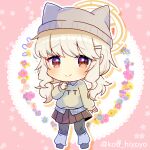  1girl animal_ears animal_hat aoba_(blue_archive) beanie blonde_hair blue_archive blue_flower brown_eyes brown_hat brown_skirt brown_sweater chibi collared_shirt commentary_request fake_animal_ears flower flying_sweatdrops full_body grey_pantyhose grey_shoes hair_ornament hairclip halo hat kou_hiyoyo long_hair long_sleeves loose_socks low_twintails outline pantyhose pink_background pink_flower plaid_clothes plaid_shirt pleated_skirt puffy_long_sleeves puffy_sleeves purple_flower shirt shoes skirt socks solo standing star_(symbol) sweater twintails twitter_username white_outline white_shirt white_socks yellow_flower 