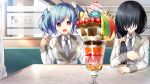  +_+ 2girls black_hair blue_hair bow buttons couch e_school_life food game_asset grey_jacket grey_necktie hair_bow hair_ornament hair_over_eyes hair_over_shoulder hairclip hands_up holding holding_spoon jacket lapels long_hair long_sleeves low_ponytail multicolored_jacket multiple_girls necktie non-web_source official_art on_couch open_mouth parfait pink_eyes plaid_clothes ponytail rinks school_uniform short_hair side-by-side side_ponytail sitting skirt sleeve_cuffs spoon suzuyama_misato table twintails two-tone_jacket white_bow white_jacket x_hair_ornament yoshimura_rin 