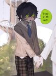  1boy black_hair black_pants blue_necktie blush calasile collared_shirt cowboy_shot day degrees_of_lewdity english_text fountain from_side grass green_eyes hair_between_eyes highres kylar_(degrees_of_lewdity) kylar_(male)_(degrees_of_lewdity) long_sleeves looking_at_another male_focus mole mole_under_mouth necktie open_mouth outdoors pants plaid_clothes plaid_pants school_uniform shade shirt short_hair speech_bubble sweatdrop sweater teeth upper_teeth_only v-neck white_shirt 