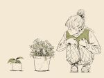  1girl artist_name blush closed_eyes closed_mouth commentary_request facing_to_the_side fingernails flower flower_pot full_body green_nails green_socks green_sweater_vest hair_bun hands_on_own_knees highres karasane03 long_sleeves nail_polish original pants partially_colored plant potted_plant shoes short_hair simple_background single_hair_bun socks solo squatting sweater sweater_vest turning_head white_background 