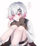  1girl aopotato115 black_coat coat commentary_request frilled_socks frills gradient_hair hair_ornament heart holding holding_stuffed_toy long_sleeves looking_at_viewer mahou_shoujo_no_majo_saiban multicolored_hair open_mouth pink_eyes pink_hair sakuraba_ema shirt short_hair simple_background sitting sleeveless sleeveless_coat smile socks solo stuffed_animal stuffed_toy teddy_bear thigh_strap w white_background white_hair white_shirt white_sleeves white_socks x_hair_ornament 