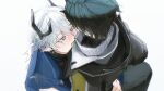  2boys ardashir_(arknights) arknights arknights:_endfield arm_around_another's_waist bird's_eye_view black_coat black_hair black_horns black_shirt blue_coat blue_eyes blush coat commentary endministrator_(arknights) english_commentary from_above highres hood hood_down hooded_coat horns lapels long_sleeves looking_up male_endministrator_(arknights) male_focus moonya multiple_boys notched_lapels parted_hair pointy_ears shirt short_hair simple_background turtleneck white_background white_hair white_shirt yaoi 