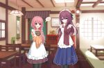 2girls :p apron blue_eyes blue_hakama blurry blurry_background blush cafe chinese_commentary closed_mouth commentary_request eyes_visible_through_hair feet_out_of_frame flying_sweatdrops frilled_apron frills fuchuangzi_summerwind hair_between_eyes hakama hand_up heart highres holding holding_menu index_finger_raised indoors japanese_clothes kimono kurama_koharu long_hair long_sleeves looking_at_viewer low_ponytail maid maid_apron maniwa_roka menu multiple_girls official_alternate_costume official_alternate_hairstyle orange_kimono outline pink_hair pixel_art ponytail red_hair red_kimono senren_banka side-by-side signature smile speech_bubble split_mouth spoken_blush standing striped_clothes striped_kimono sweatdrop tongue tongue_out vertical-striped_clothes vertical-striped_kimono wa_maid white_apron white_outline wide_sleeves yellow_eyes 