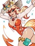  1girl animal_ears arm_up artist_name blush blushyspicy breasts cleavage closed_mouth collarbone commentary english_commentary eyeshadow eyewear_on_headwear flower fox_girl hat hat_flower highres jewelry large_breasts long_hair looking_at_viewer makeup marvel marvel_rivals necklace pouch simple_background smile solo tail thigh_pouch white_background white_fox_(marvel) 