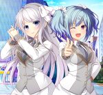  2girls arm_behind_back blue_eyes blue_hair bow building buttons closed_mouth day e_school_life frilled_skirt frills game_asset grey_hair grey_jacket grey_necktie hair_bow hair_ornament hairclip hanazono_emi hand_up hands_up index_fingers_together jacket lapels long_hair long_sleeves looking_at_viewer miniskirt multicolored_jacket multiple_girls necktie official_art one_eye_closed open_mouth outdoors own_hands_clasped own_hands_together pink_eyes pink_lips plaid_clothes pointing pointing_at_viewer rinks road school_uniform short_hair side-by-side skirt sky sleeve_cuffs smile standing street suzuyama_misato twintails two-tone_jacket white_bow white_jacket x_hair_ornament 