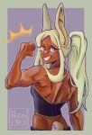  1girl absurdres animal_ears arm_up back back_muscles backless_shirt biceps boku_no_hero_academia clenched_hand commentary dark-skinned_female dark_skin english_commentary fang flexing from_behind grin high_ponytail highres long_eyelashes long_hair looking_at_viewer looking_back mirko muscular muscular_female outside_border peterokii ponytail rabbit_ears rabbit_girl rabbit_tail signature simple_background smile solo tail 
