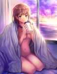  blanket blue_eyes blush breasts brown_hair closed_mouth cloud coffee coffee_mug cup curtains full_body groin holding holding_cup light_rays long_hair medium_breasts morning mug navel nishizawa nude original seiza sitting smile solo stomach sunlight sunrise under_covers window 